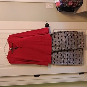 NWT 2PC Woman's Charter Club Red Top &Gray Pajama Pants Festive Santa Dog Print